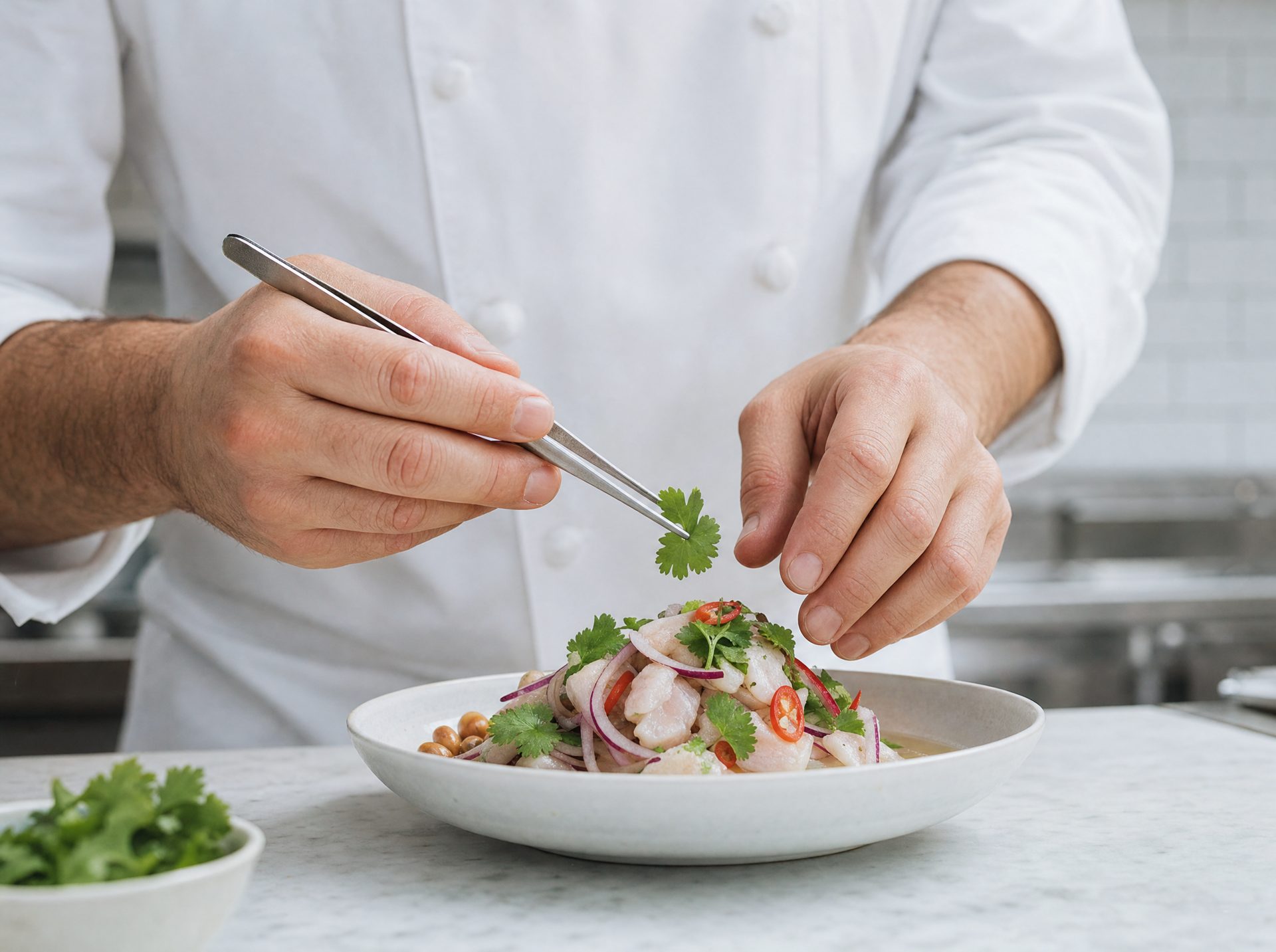 Manos del chef emplatando un ceviche