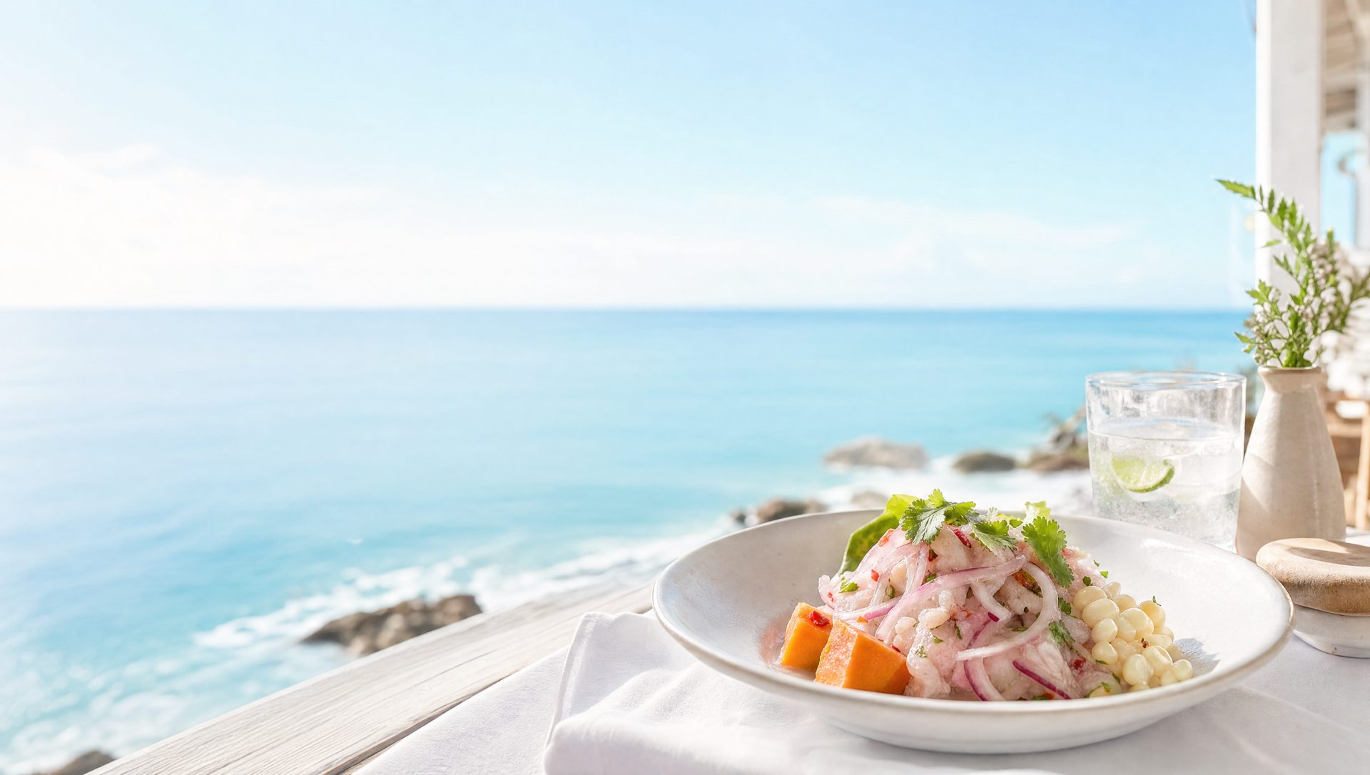 Ceviche fresco servido en una mesa frente al mar